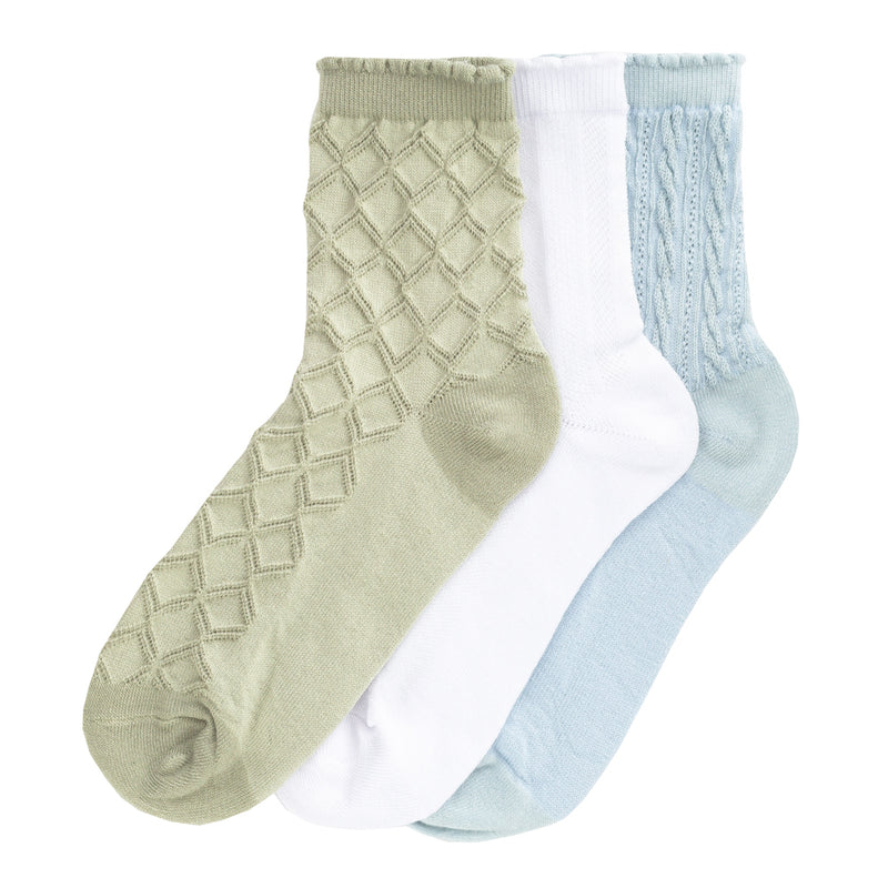 3-pack medium demi crew socks in olive, white, and light blue; diamond knit texture