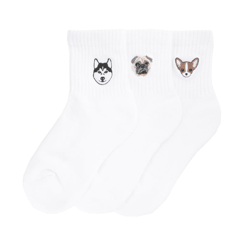 3-pack white half-crew socks with embroidered dog face accents