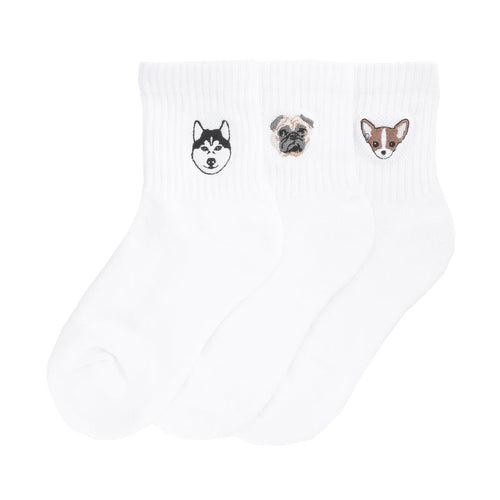 3-pack white half-crew socks with embroidered dog face accents