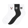 3-pack embroidered half-crew socks in white and black with cat face designs.