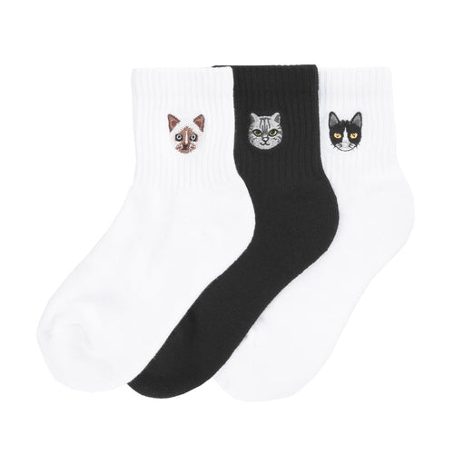 3-pack embroidered half-crew socks in white and black with cat face designs.