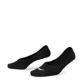 Black lightweight no-show footie socks with small black Nike swoosh on toe