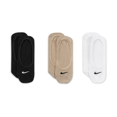 3-pack footie socks: black, tan, and white no-show styles with Nike swoosh
