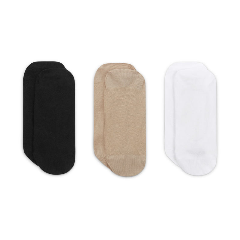 3-pack no-show footie socks in black, tan, and white, each with Nike logo