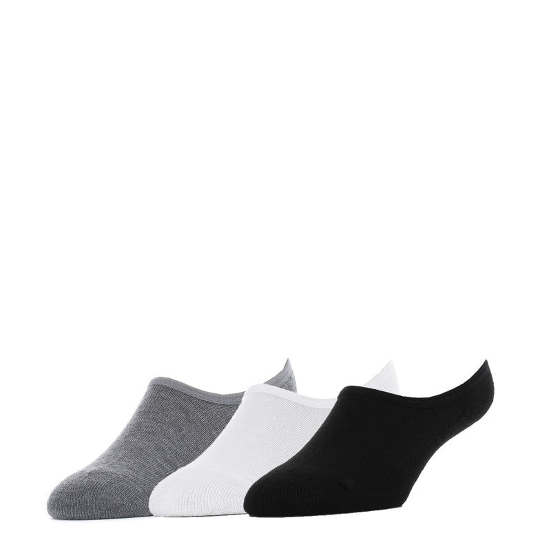 3-pack low-cut hidden cushion liner socks in black, white, and grey