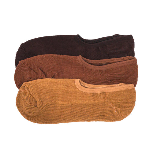 3-pack medium hidden cushion liner socks in tan, rust, and dark brown