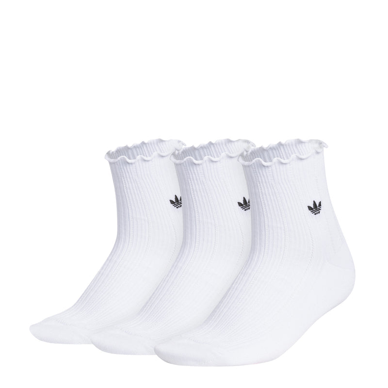 3-pack white quarter socks with ruffled cuffs and black adidas logo