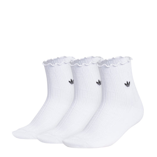 3-pack white quarter socks with ruffled cuffs and black adidas logo