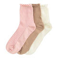 3-pack waffle quarter socks with lettuce edge: pink, taupe, and cream