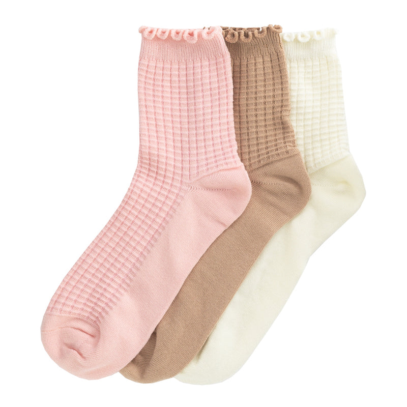 3-pack waffle quarter socks with lettuce edge: pink, taupe, and cream