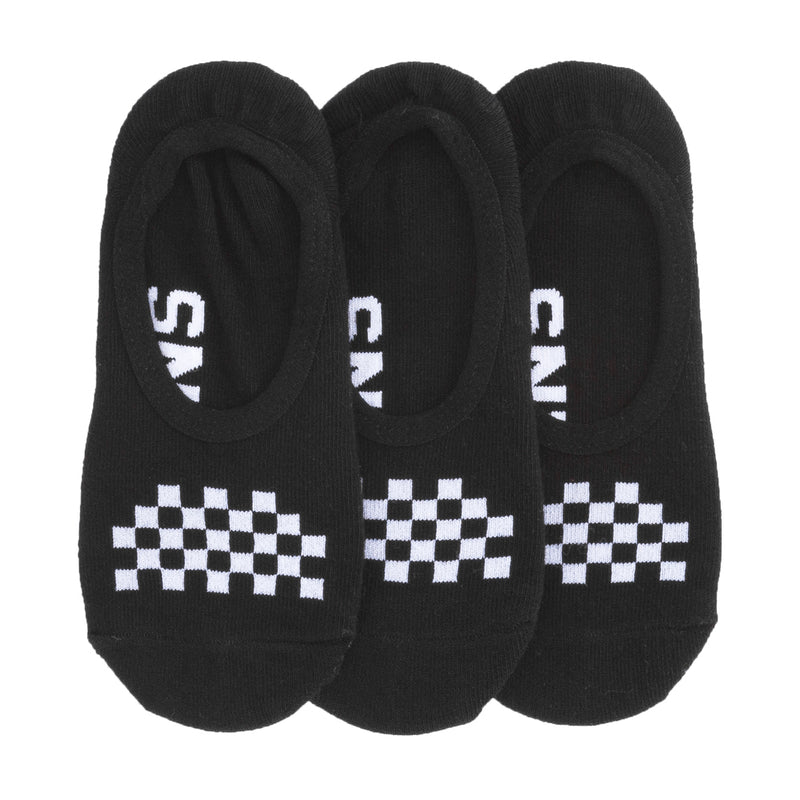 3-pack black low-cut socks with checkered stripe and white lettering at front