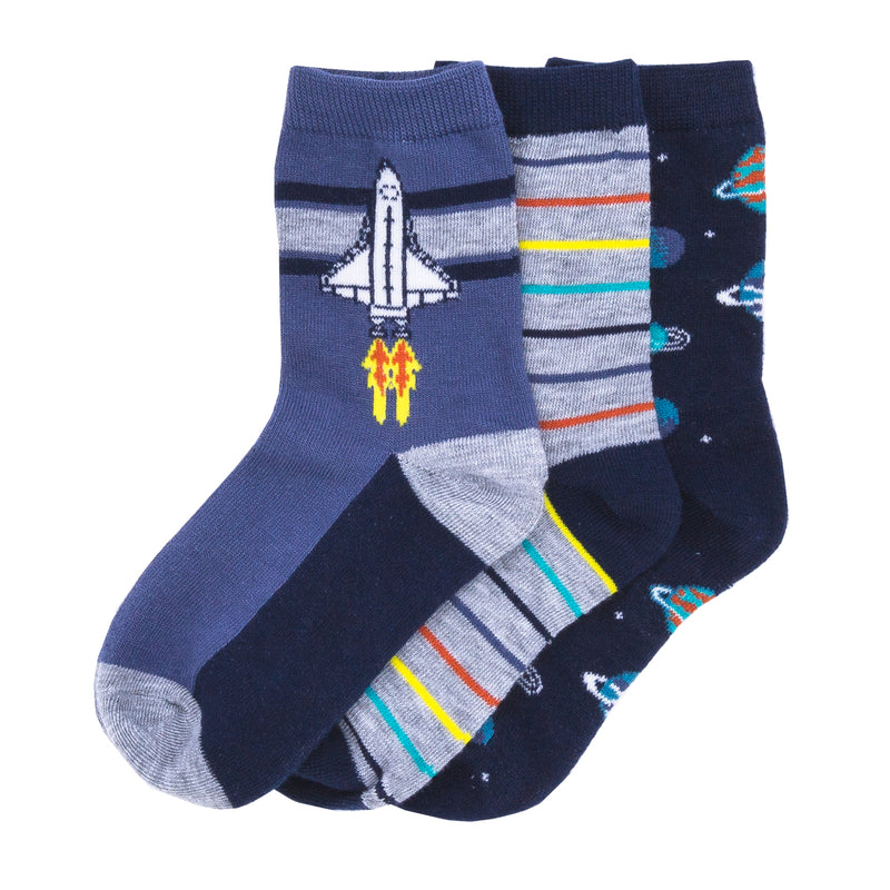 3-pack small crew socks in navy with rocket and space-themed graphics