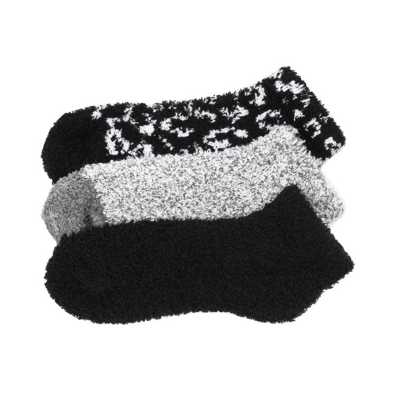 3-pack fuzzy no-show socks in leopard print, gray, and black