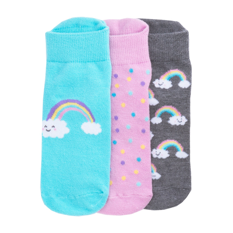 3-pack small no-show socks: blue, pink, dark gray with rainbow cloud prints