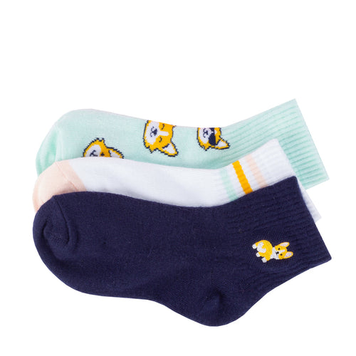 3-pack small quarter socks in navy, light blue, and white; corgi embroidery