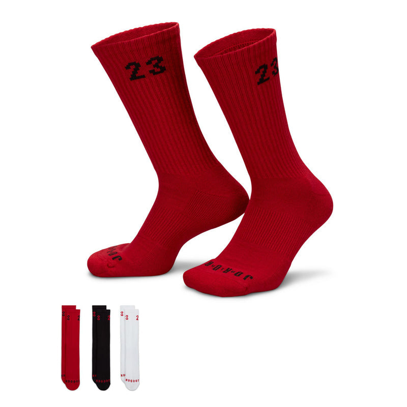 Red, black, and white crew socks with "23" knit print, 3-pack