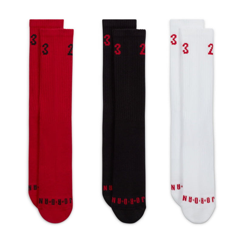 3-pack crew socks: red, black, and white with "3" and "2" red letters