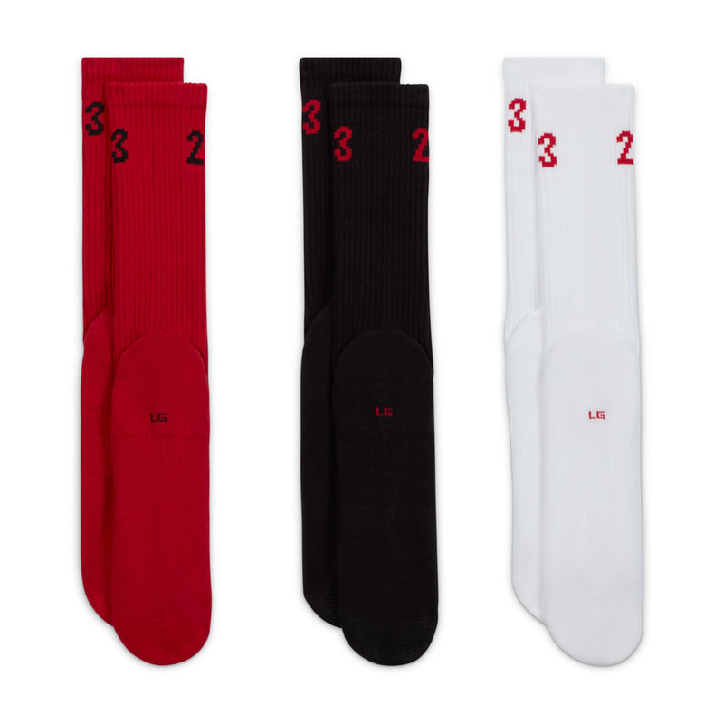 3-pack crew socks with "3" and "2" on red, black, and white