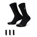 Black unisex crew socks with white Jordan logo at ankle, 3-pack