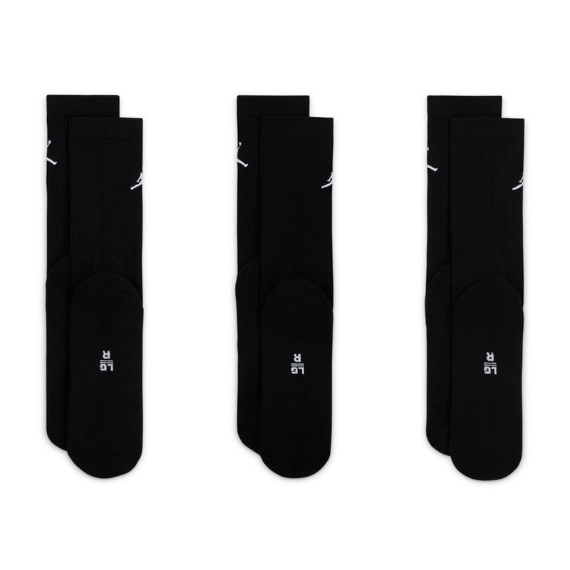 Black crew socks set with white Jordan ankle and foot logos, cushioned toe, 3-pack