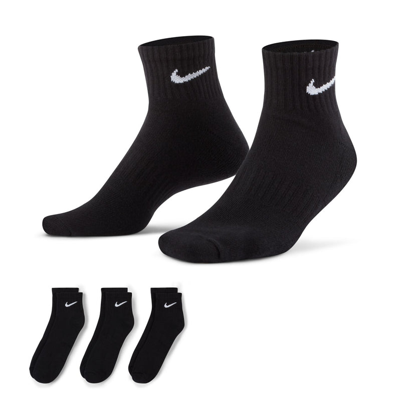 Black quarter crew socks, cushioned, Nike swoosh on each, 3-pack set