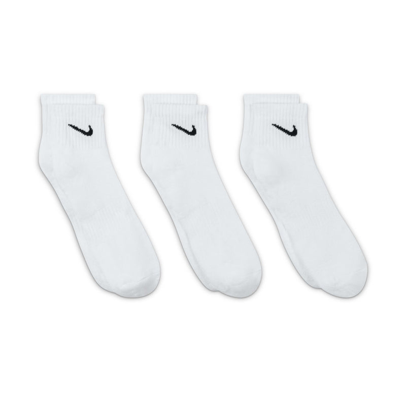 Three white quarter crew socks with black Nike swoosh logos