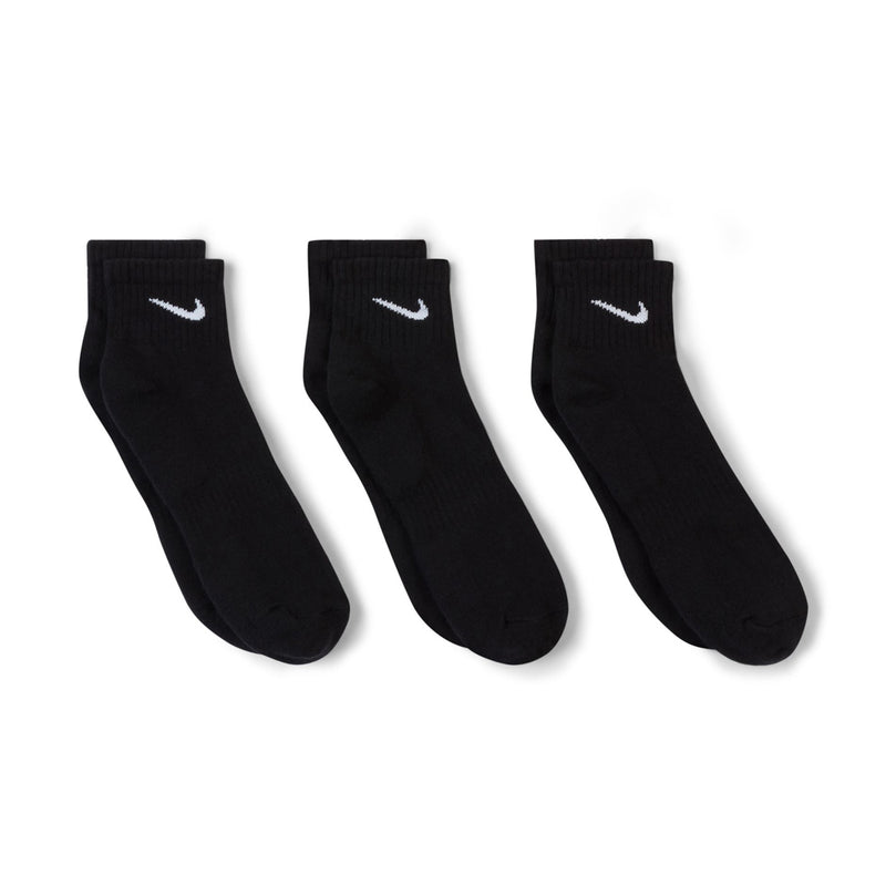 Black quarter crew socks, three pairs side-by-side, Nike swoosh branding