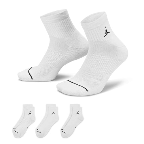 White unisex quarter socks with black Jumpman logo, pair view and 3-pack