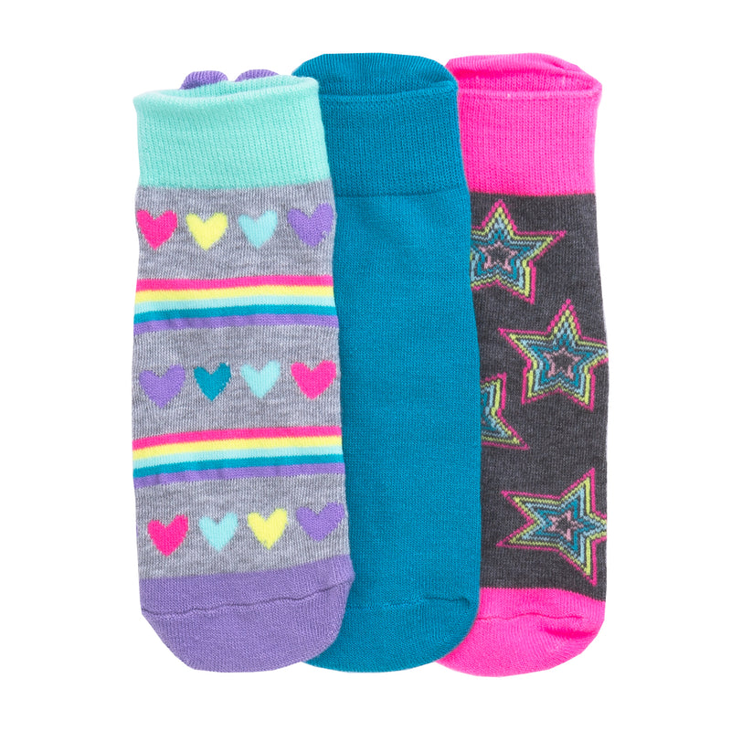 3-pack x-small no-show ankle socks: purple hearts stripes, teal solid, pink stars
