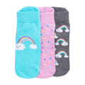 3-pack x-small no-show socks with rainbow-and-cloud prints in blue, pink, and gray