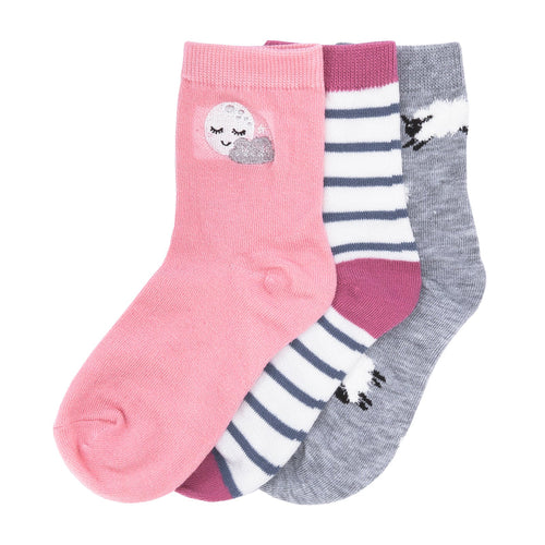 3-pack x-small quarter socks: pink sheep, striped, and gray with small motif