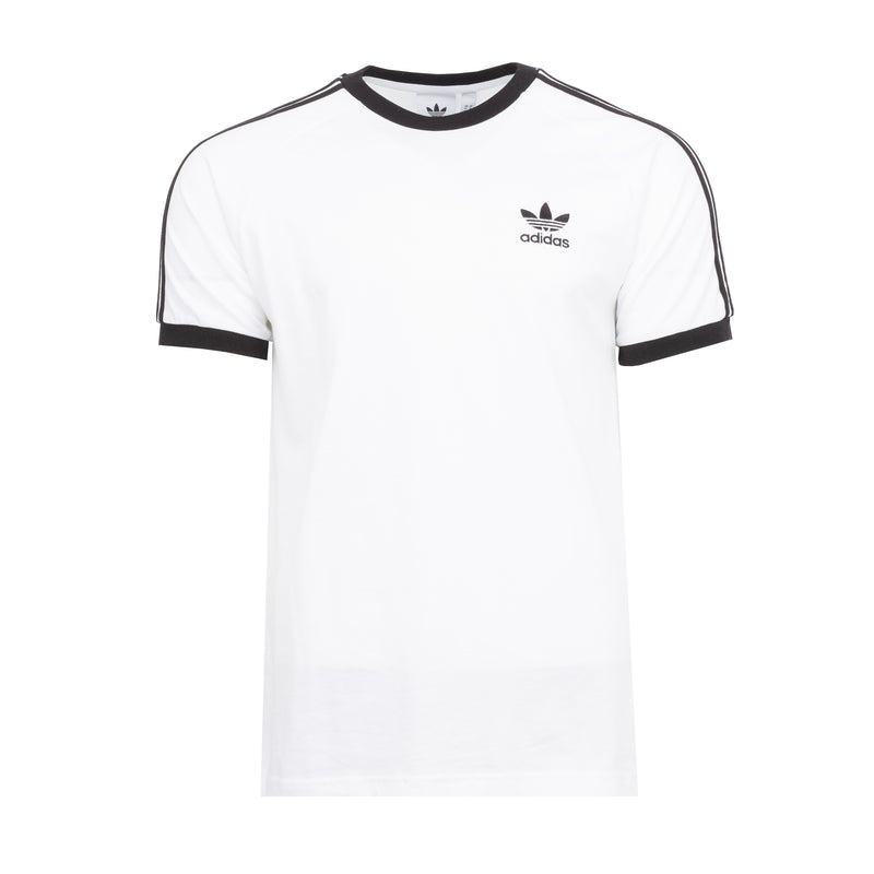 Men's white Adidas T-shirt with black crew neck trim and trefoil logo