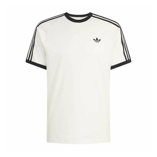 Men’s white adidas 3-stripe T-shirt with black ribbed collar and sleeve stripes