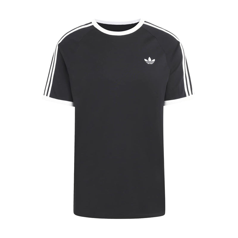 Black men's crewneck T-shirt with three white sleeve stripes and small trefoil logo