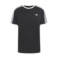 Black men's crewneck T-shirt with three white sleeve stripes and small trefoil logo