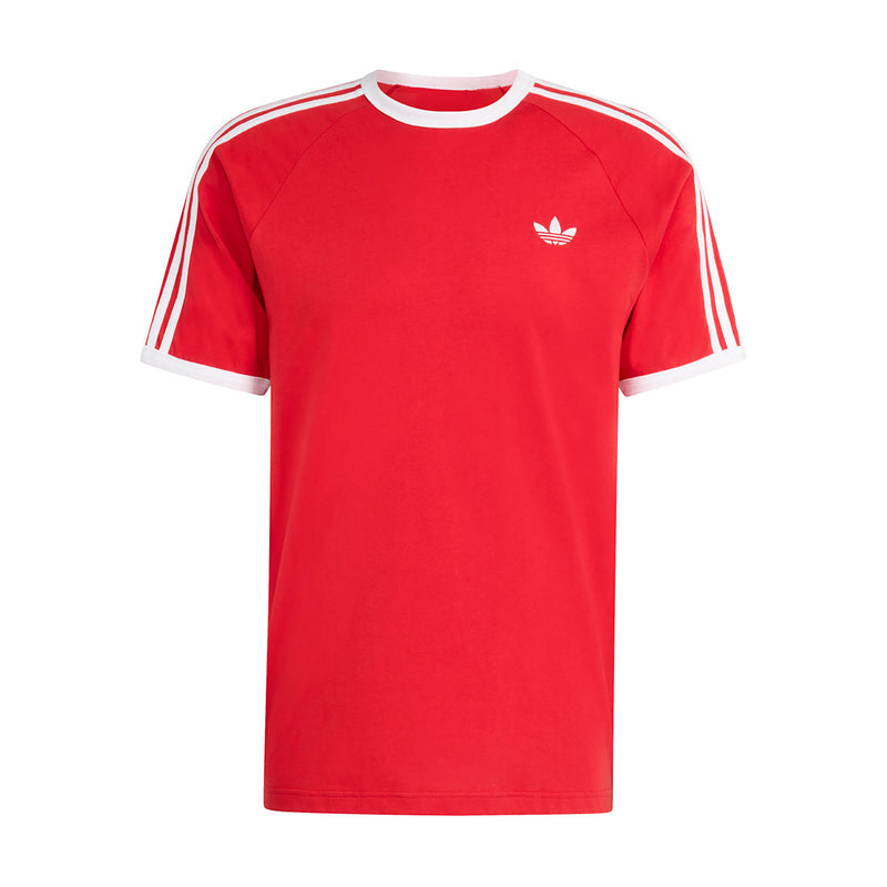 Men's red Adidas 3-Stripe tee with white sleeve stripes and small chest trefoil logo
