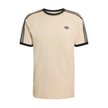 Men's stone khaki 3-stripe tee with black raglan collar and sleeve stripes, small chest logo