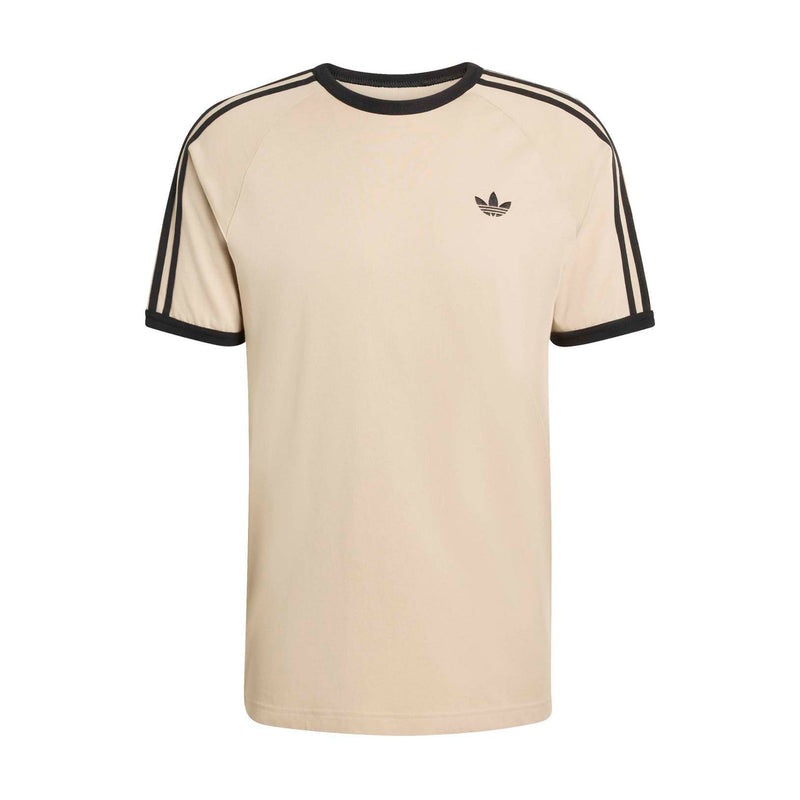 Men's stone khaki 3-stripe tee with black raglan collar and sleeve stripes, small chest logo