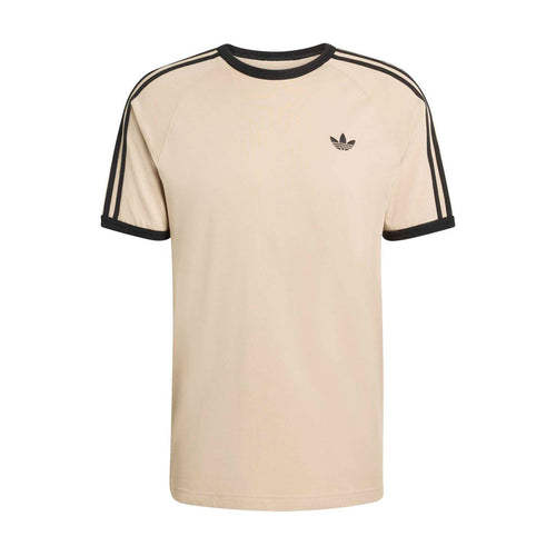 Men's stone khaki 3-stripe tee with black raglan collar and sleeve stripes, small chest logo