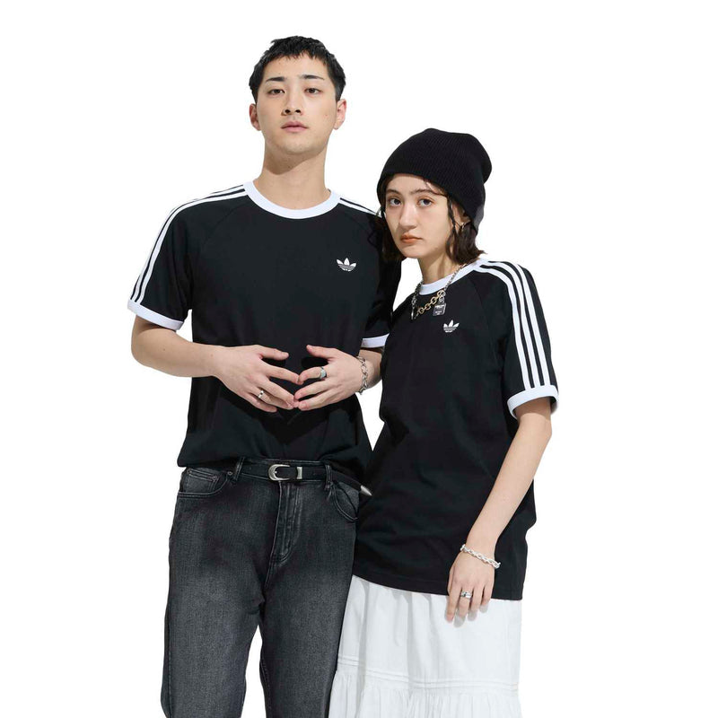 Black men's crewneck T-shirt with three white sleeve stripes and small trefoil logo