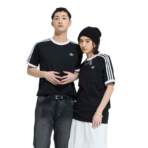 Black men's crewneck T-shirt with three white sleeve stripes and small trefoil logo