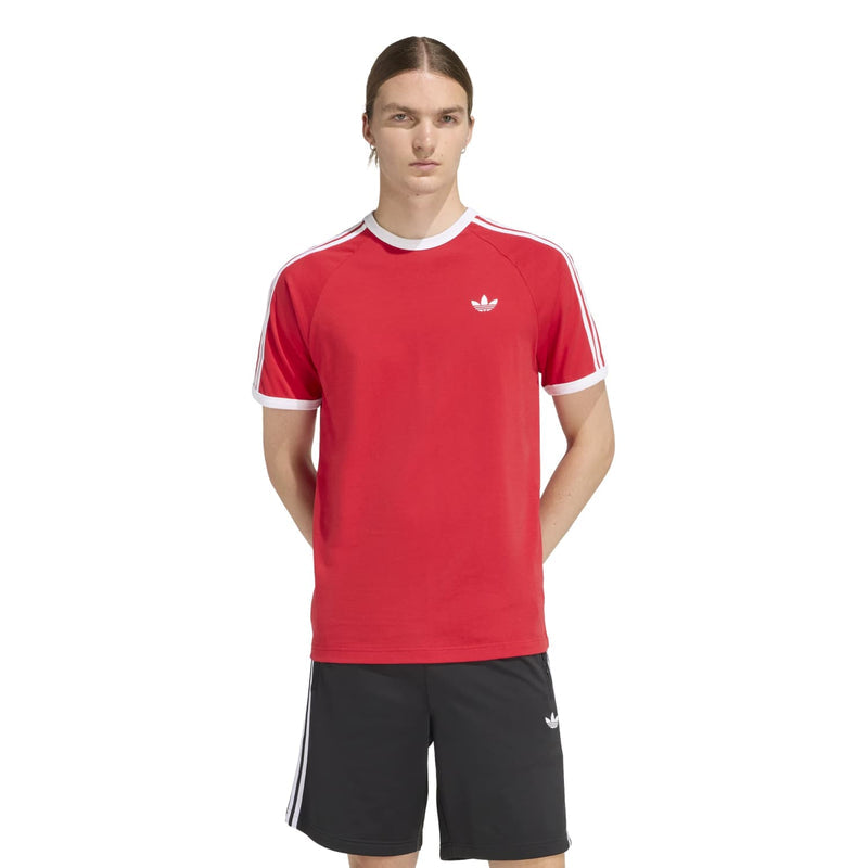 Red Adidas 3-Stripe crewneck tee with white sleeve stripes and trefoil chest logo