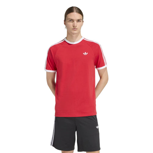 Red Adidas 3-Stripe crewneck tee with white sleeve stripes and trefoil chest logo