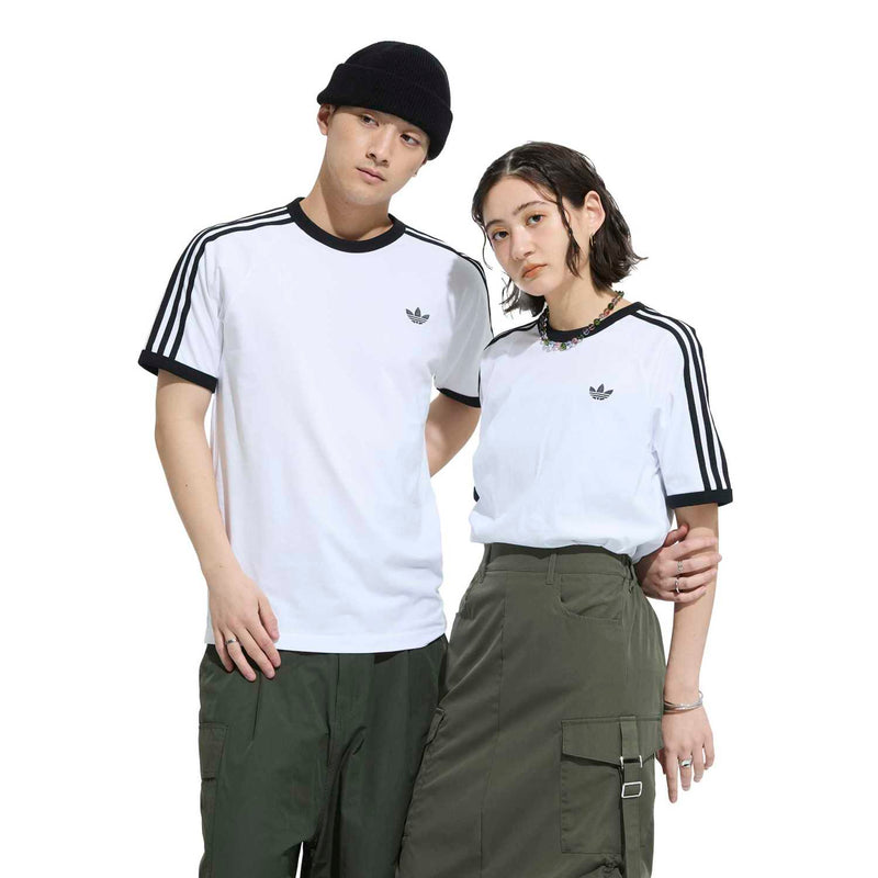 White adidas 3-stripe T-shirt with black trim, worn by two models
