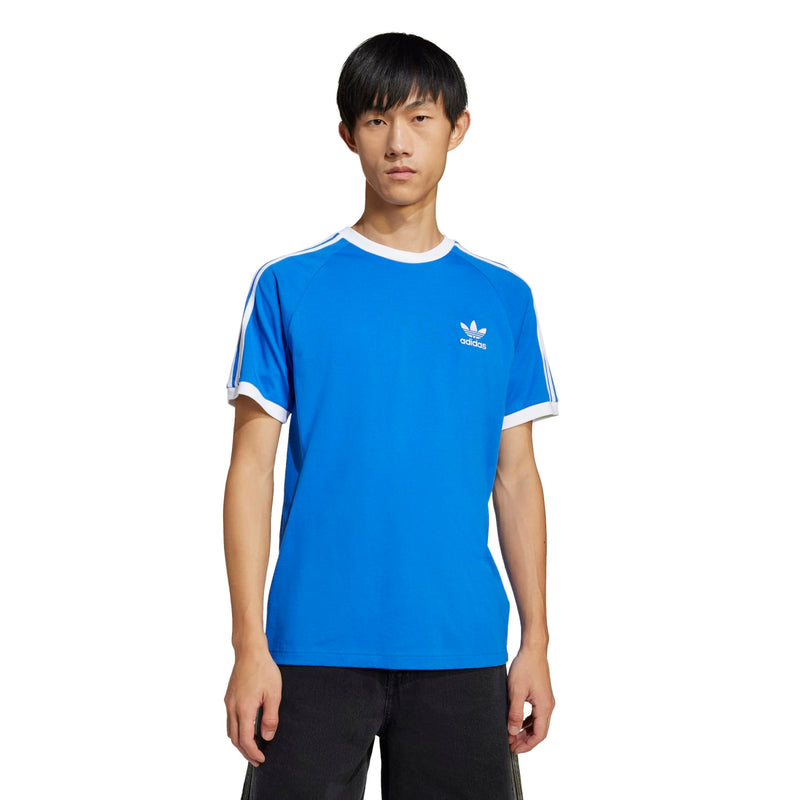 Men's blue adidas tee with white 3-stripe sleeves and chest logo