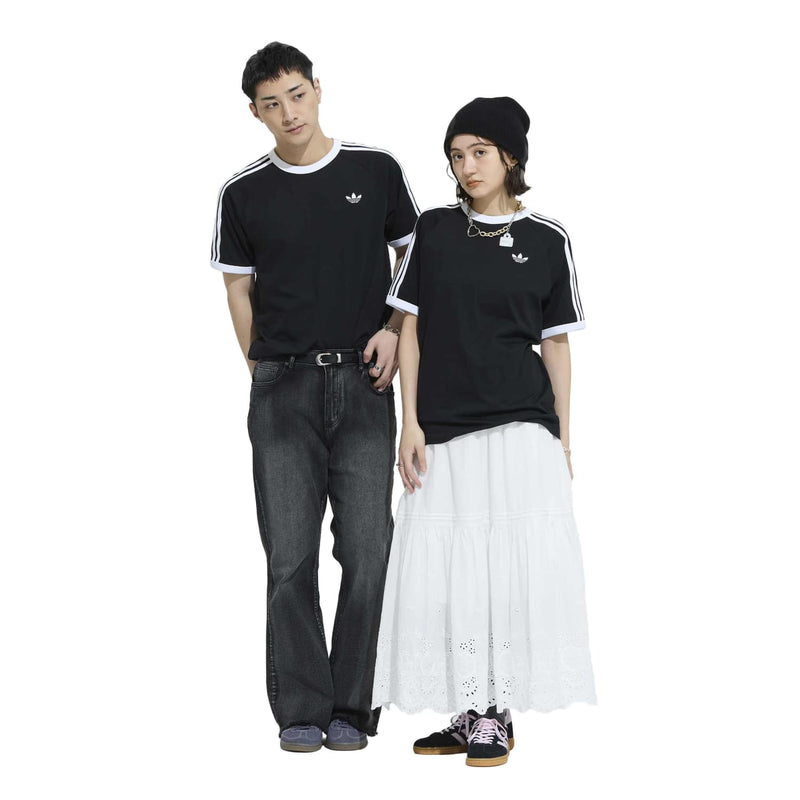 Black men's crewneck T-shirt with three white sleeve stripes and trefoil chest logo