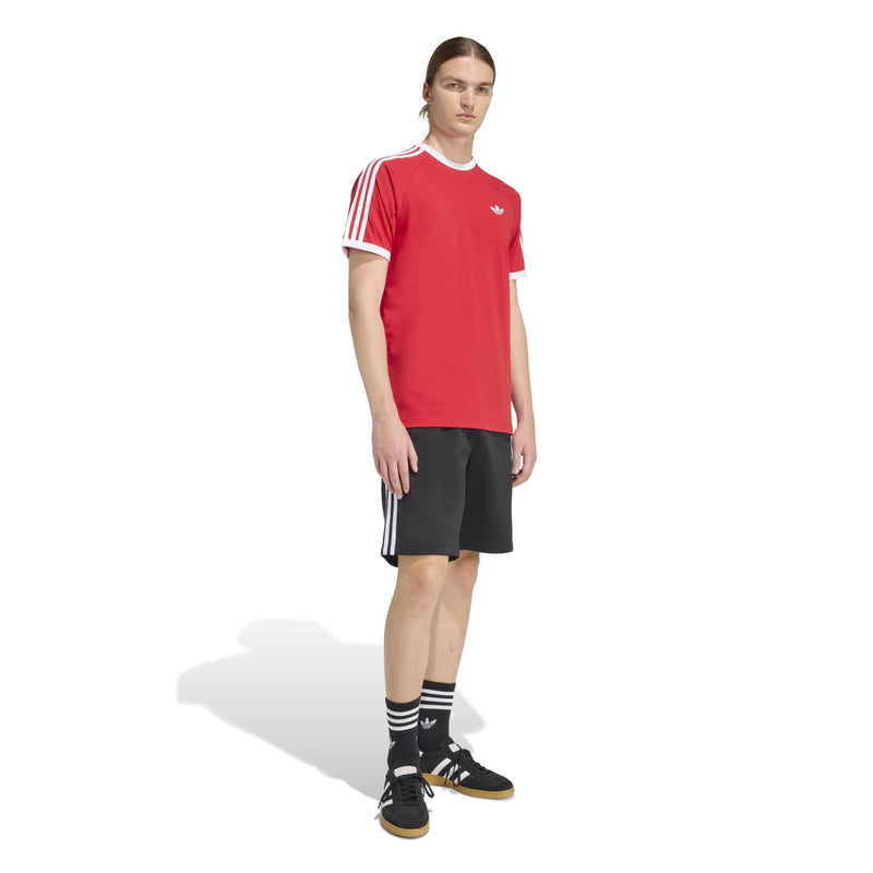 Red Adidas 3-Stripe tee side view with white sleeve stripes and trefoil logo
