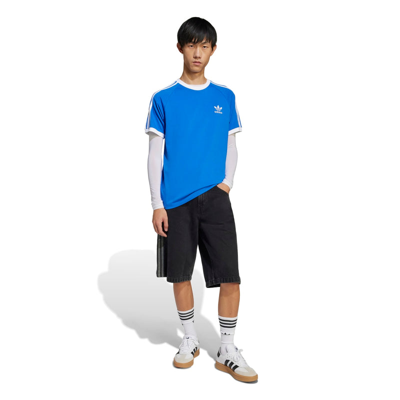 Men's blue adidas 3-stripe tee with crew neck and small logo