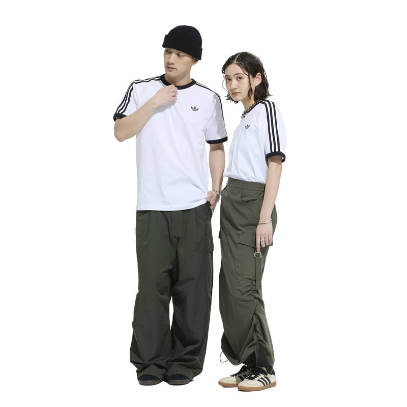 White adidas 3-stripe T-shirt with black sleeve stripes and small chest logo