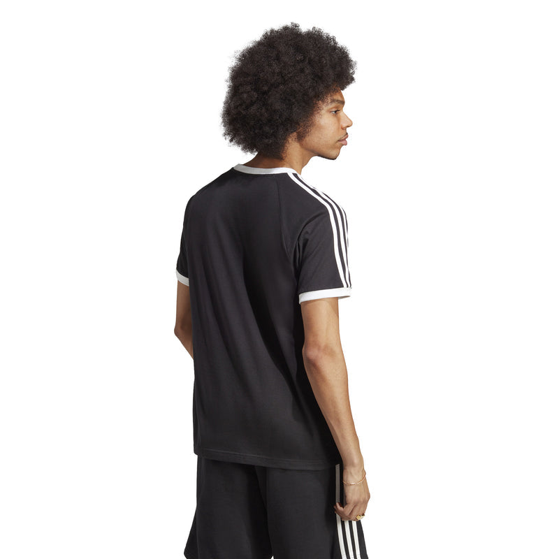 Men's black T-shirt with white 3-stripe raglan sleeves, side view